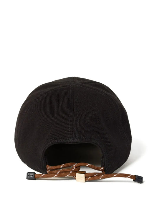 Miu Miu Logo-Embroidered Drawstring Baseball Cap in Black, back — The Quiet Edition