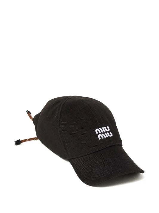 Miu Miu Logo-Embroidered Drawstring Baseball Cap in Black, front — The Quiet Edition
