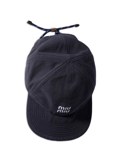Miu Miu Logo-Embroidered Drawstring Baseball Cap in Navy, back — The Quiet Edition