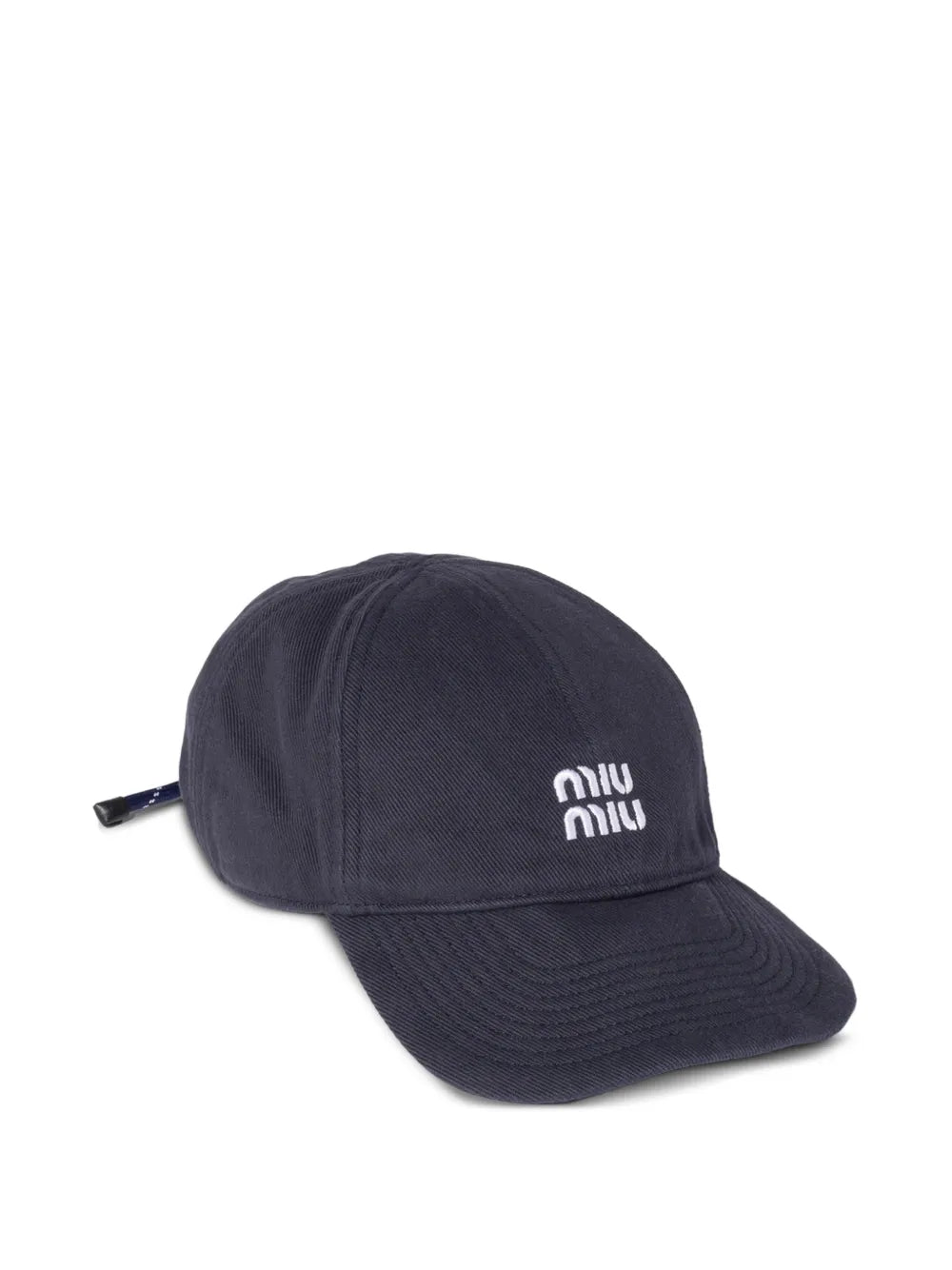 Miu Miu Logo-Embroidered Drawstring Baseball Cap in Navy, front — The Quiet Edition
