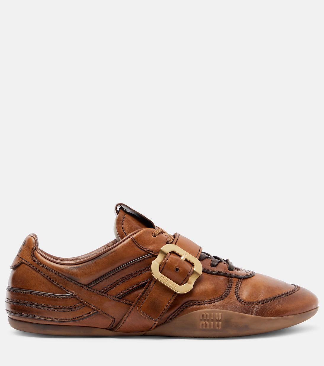 Miu Miu Logo Leather Sneakers in brown, side view
