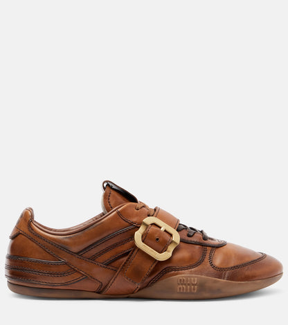 Miu Miu Logo Leather Sneakers in brown, side view