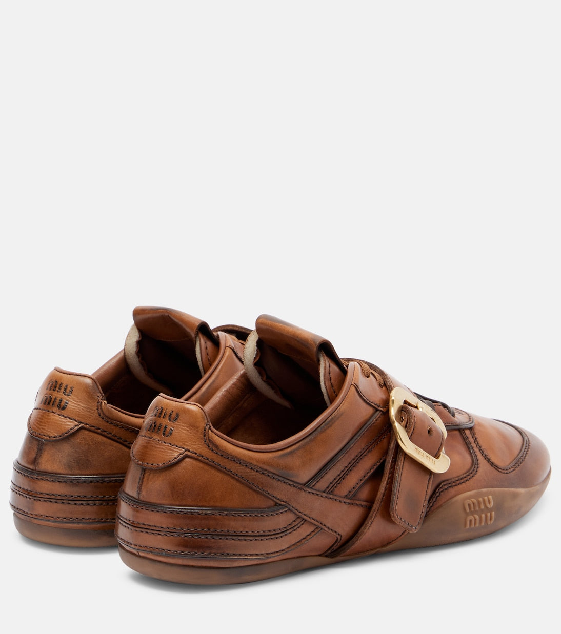 Miu Miu Logo Leather Sneakers in brown, back angle view