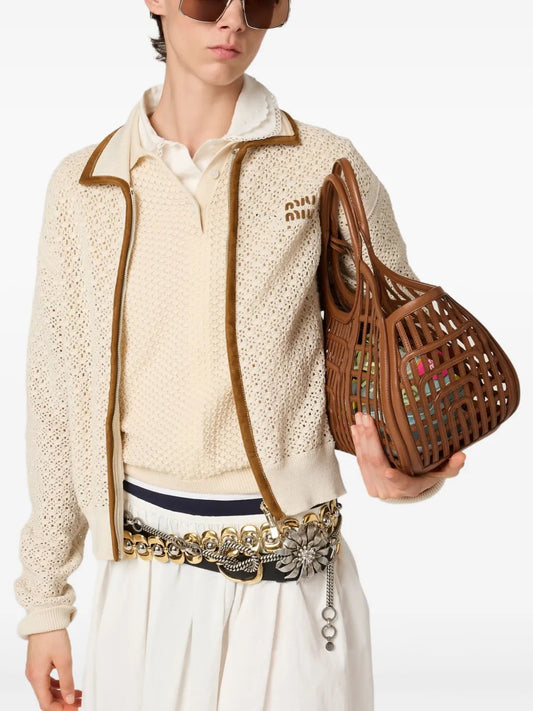 Miu Miu Open-Knit Polo Shirt in Light Beige, angle — The Quiet Edition