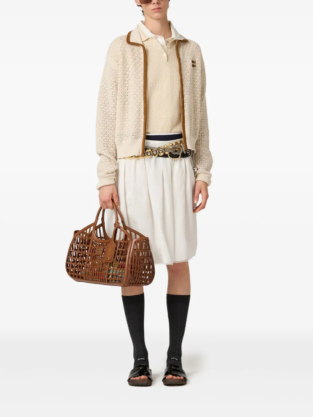 Miu Miu Open-Knit Polo Shirt in Light Beige, back — The Quiet Edition
