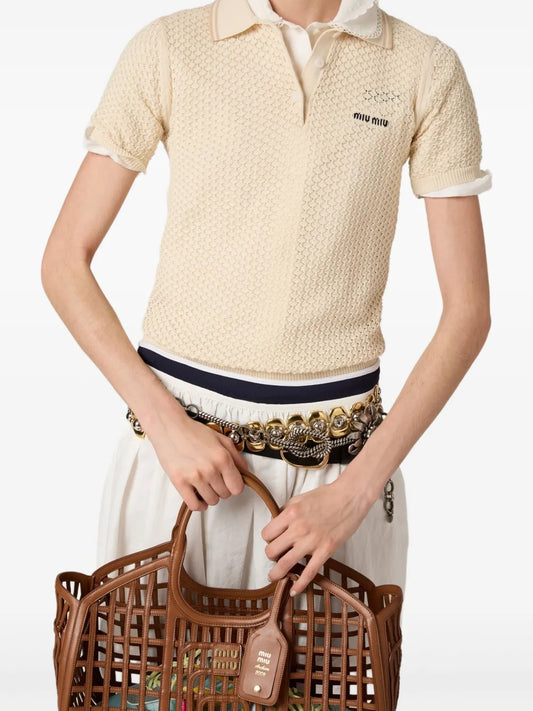 Miu Miu Open-Knit Polo Shirt in Light Beige, detail — The Quiet Edition