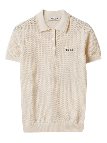 Miu Miu Open-Knit Polo Shirt in Light Beige, front — The Quiet Edition