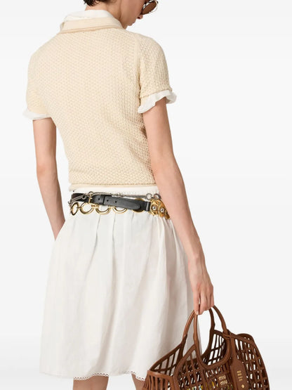 Miu Miu Open-Knit Polo Shirt in Light Beige, side — The Quiet Edition