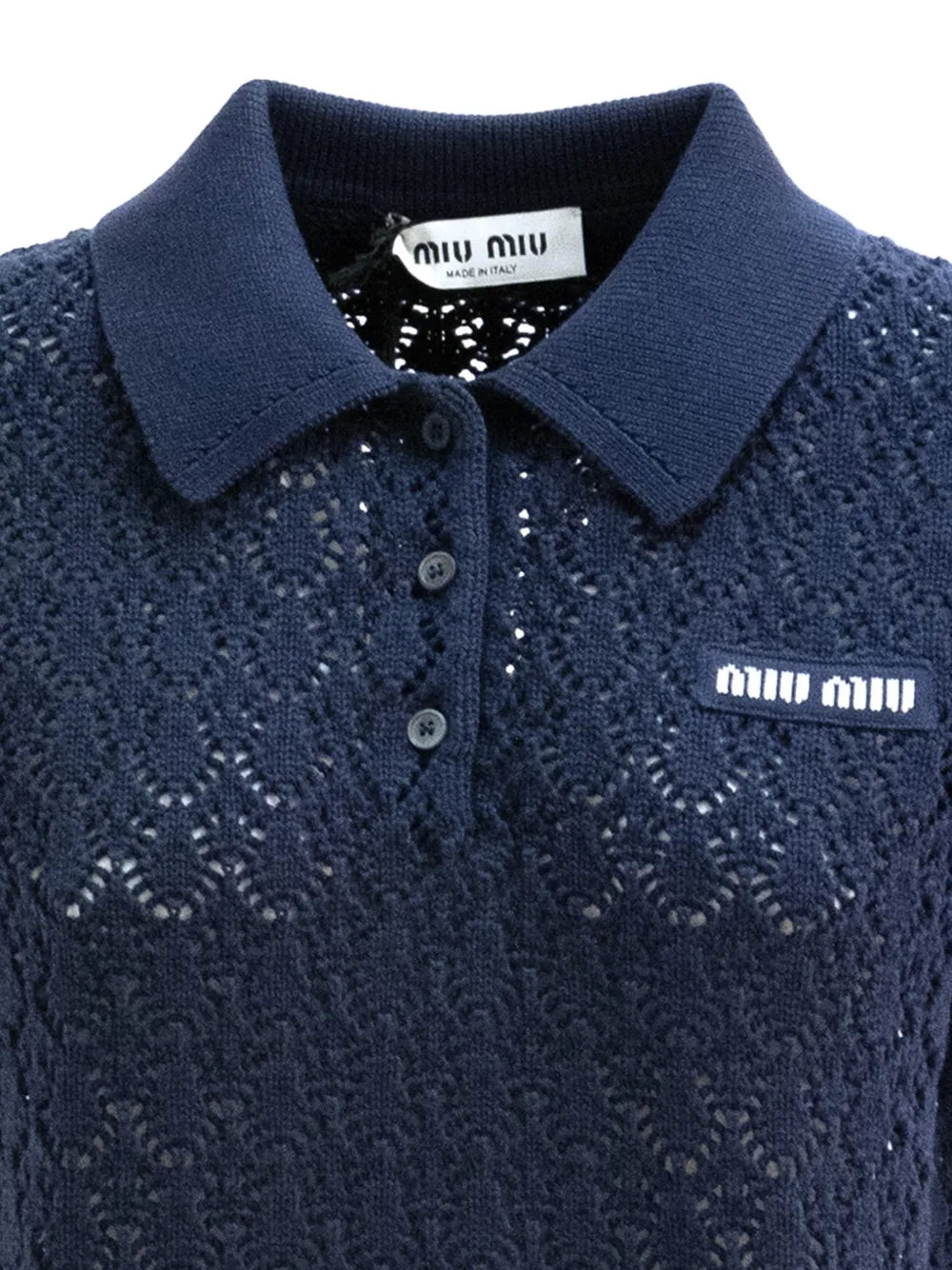 Miu Miu Open-Knit Polo Shirt in Navy, back — The Quiet Edition