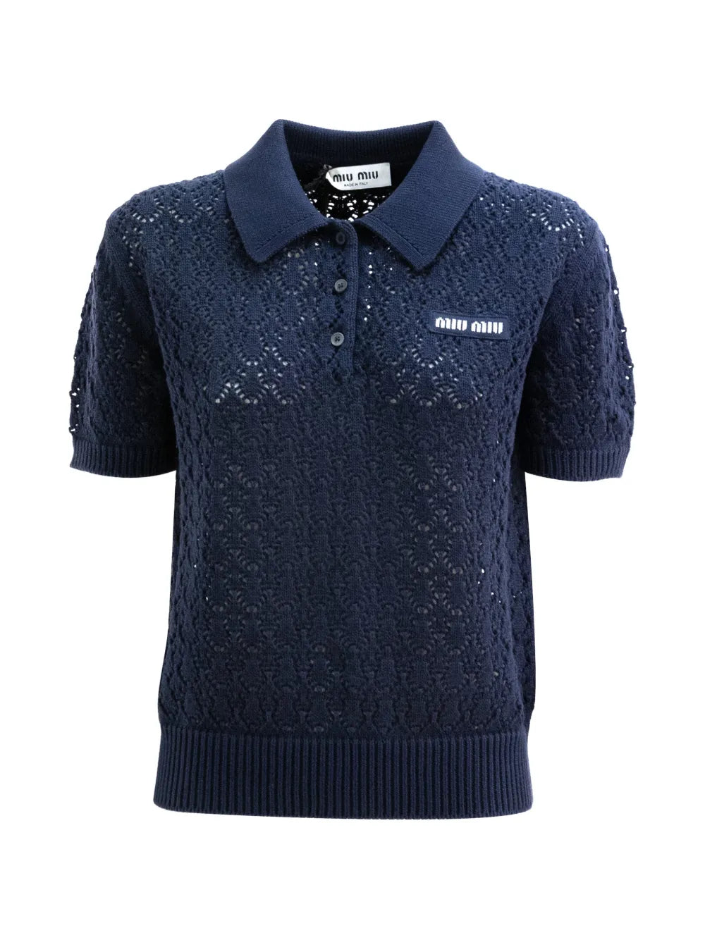 Miu Miu Open-Knit Polo Shirt in Navy, front — The Quiet Edition