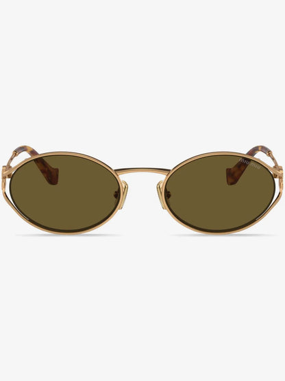 Miu Miu Oval-Frame Sunglasses in Brown, front — The Quiet Edition