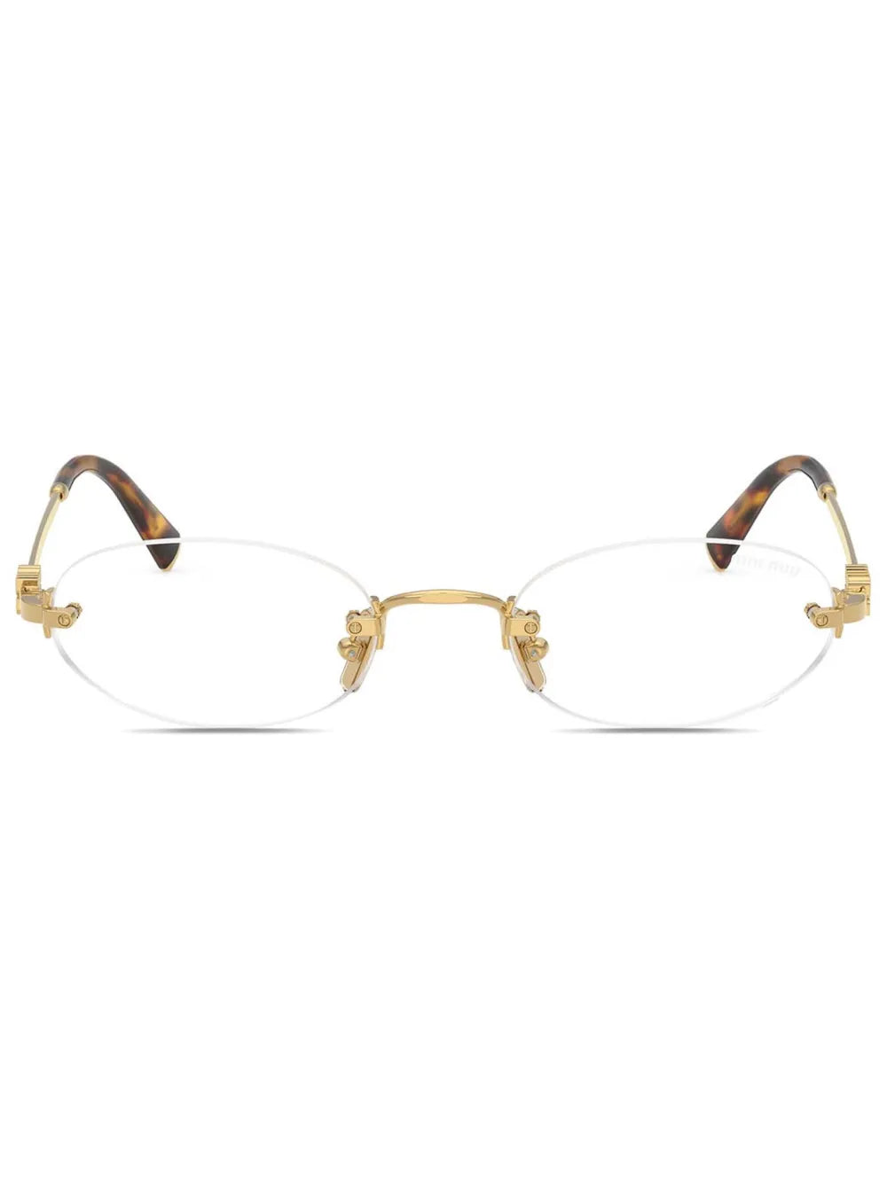 Miu Miu Oval Rimless Glasses in Gold, front — The Quiet Edition