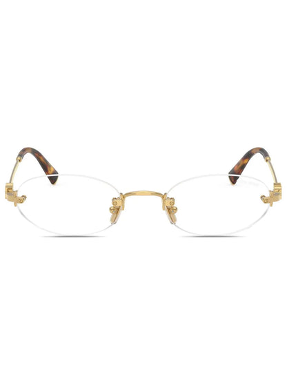 Miu Miu Oval Rimless Glasses in Gold, front — The Quiet Edition