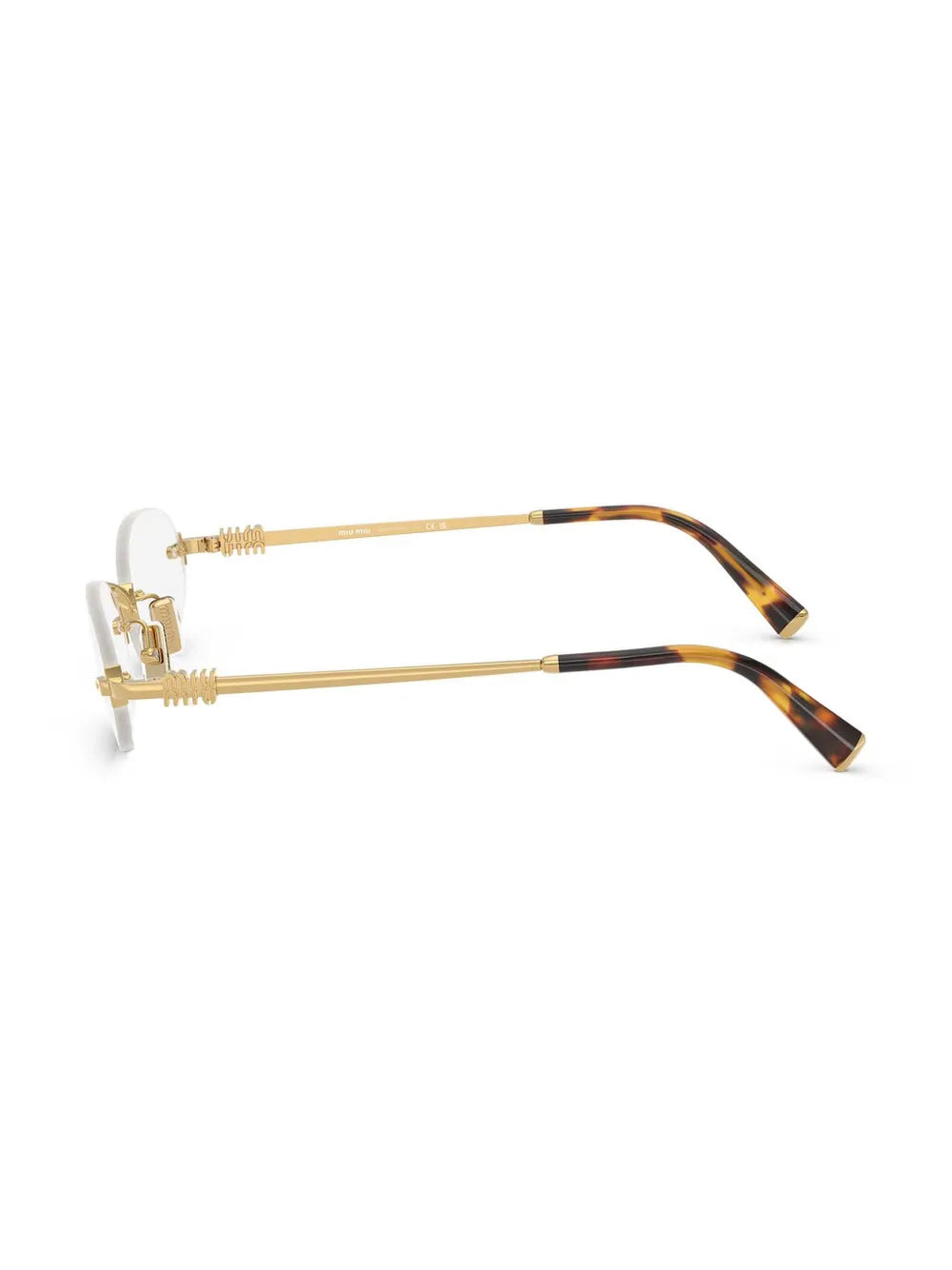 Miu Miu Oval Rimless Glasses in Gold, side — The Quiet Edition