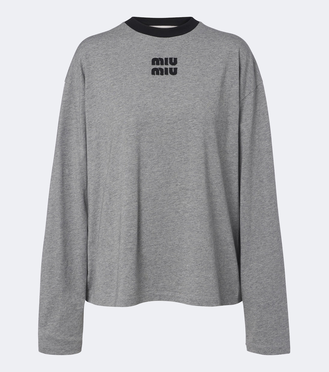 Miu Miu Oversized Cotton Jersey T-Shirt in grey, front view with contrast black crewneck and chest logo