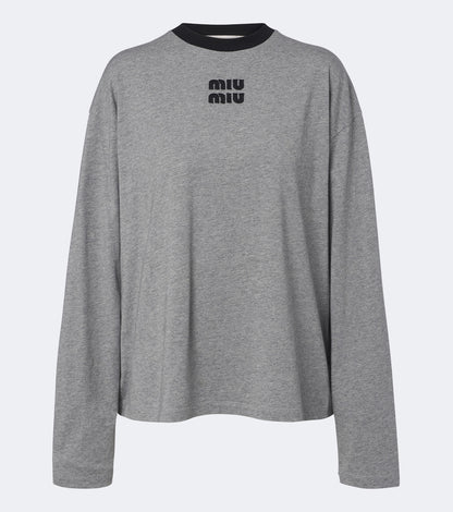 Miu Miu Oversized Cotton Jersey T-Shirt in grey, front view with contrast black crewneck and chest logo
