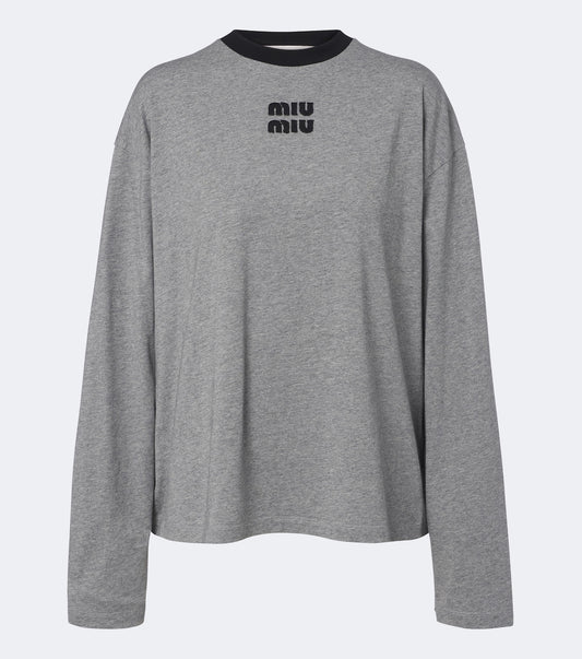 Miu Miu Oversized Cotton Jersey T-Shirt in grey, front view with contrast black crewneck and chest logo