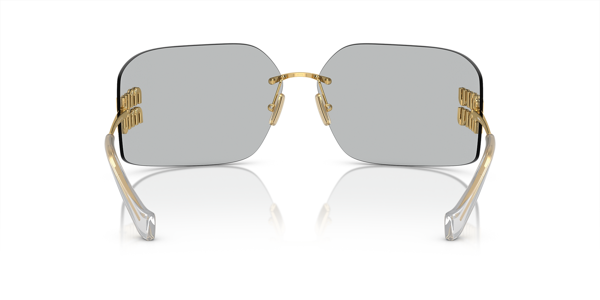 Miu Miu Runway Rectangle-Frame Sunglasses in Light Grey, angle — The Quiet Edition