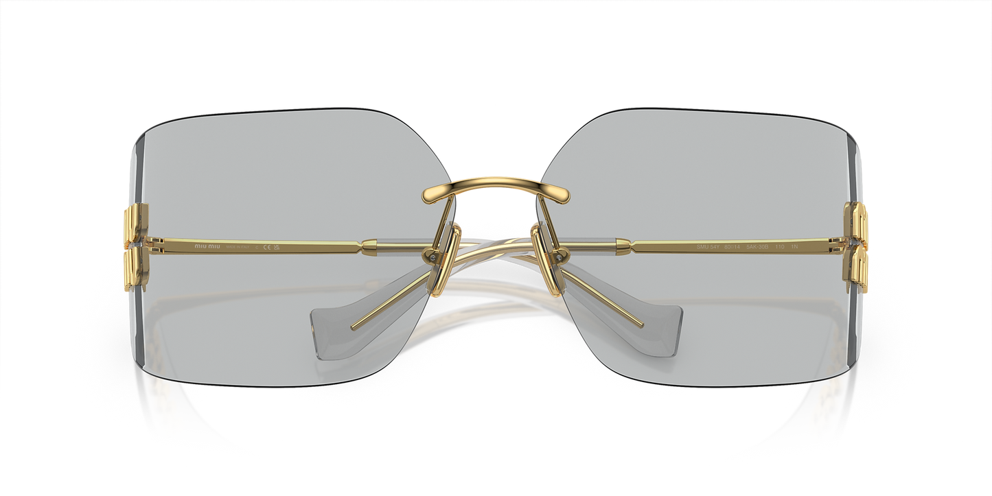 Miu Miu Runway Rectangle-Frame Sunglasses in Light Grey, detail — The Quiet Edition