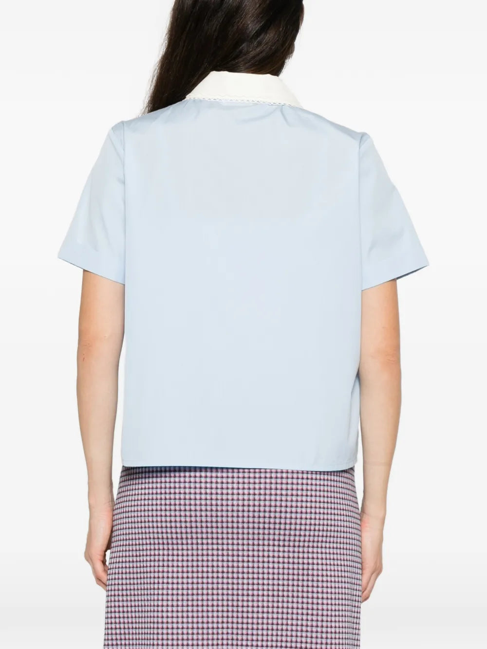 Miu Miu Scalloped-Collar Short-Sleeve Shirt in Blue, angle — The Quiet Edition