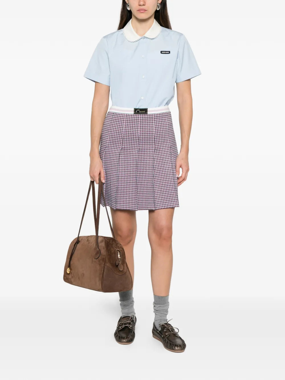 Miu Miu Scalloped-Collar Short-Sleeve Shirt in Blue, back — The Quiet Edition