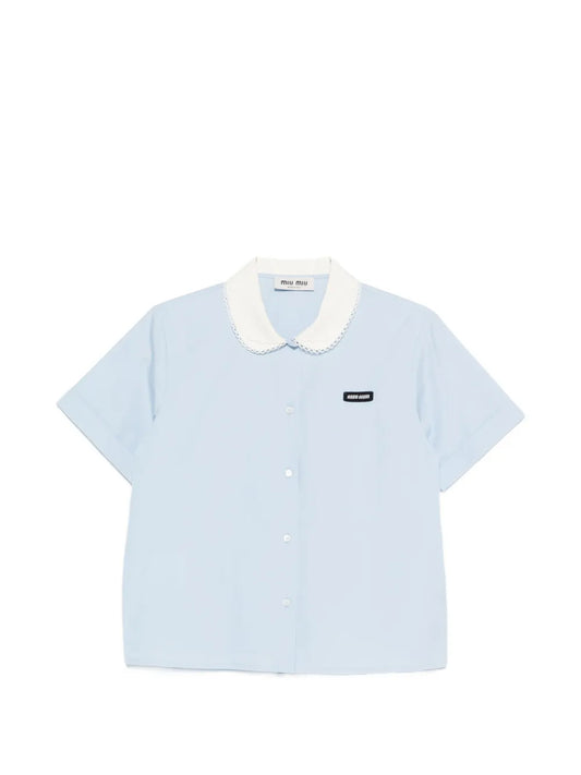 Miu Miu Scalloped-Collar Short-Sleeve Shirt in Blue, front — The Quiet Edition