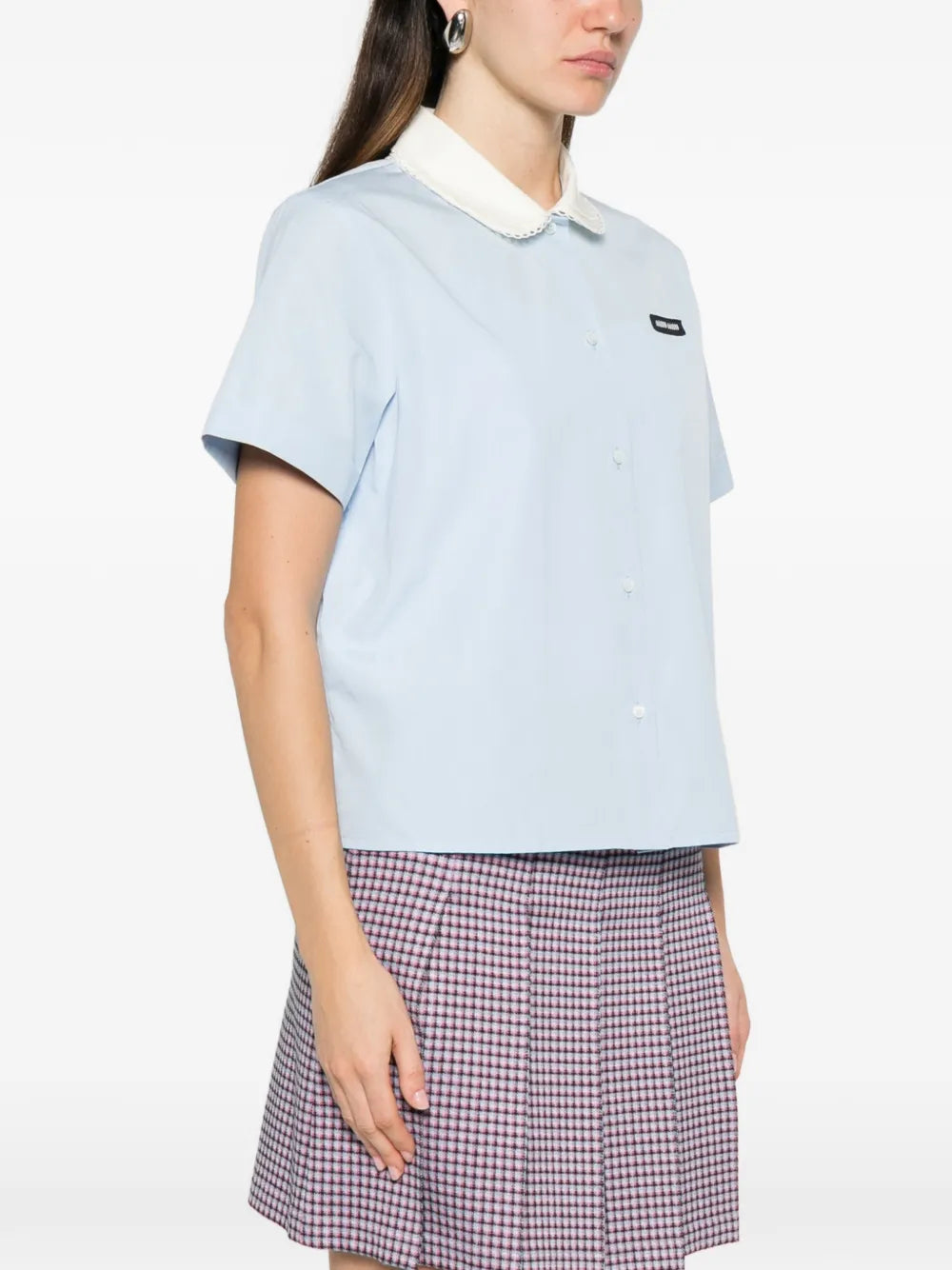Miu Miu Scalloped-Collar Short-Sleeve Shirt in Blue, side — The Quiet Edition