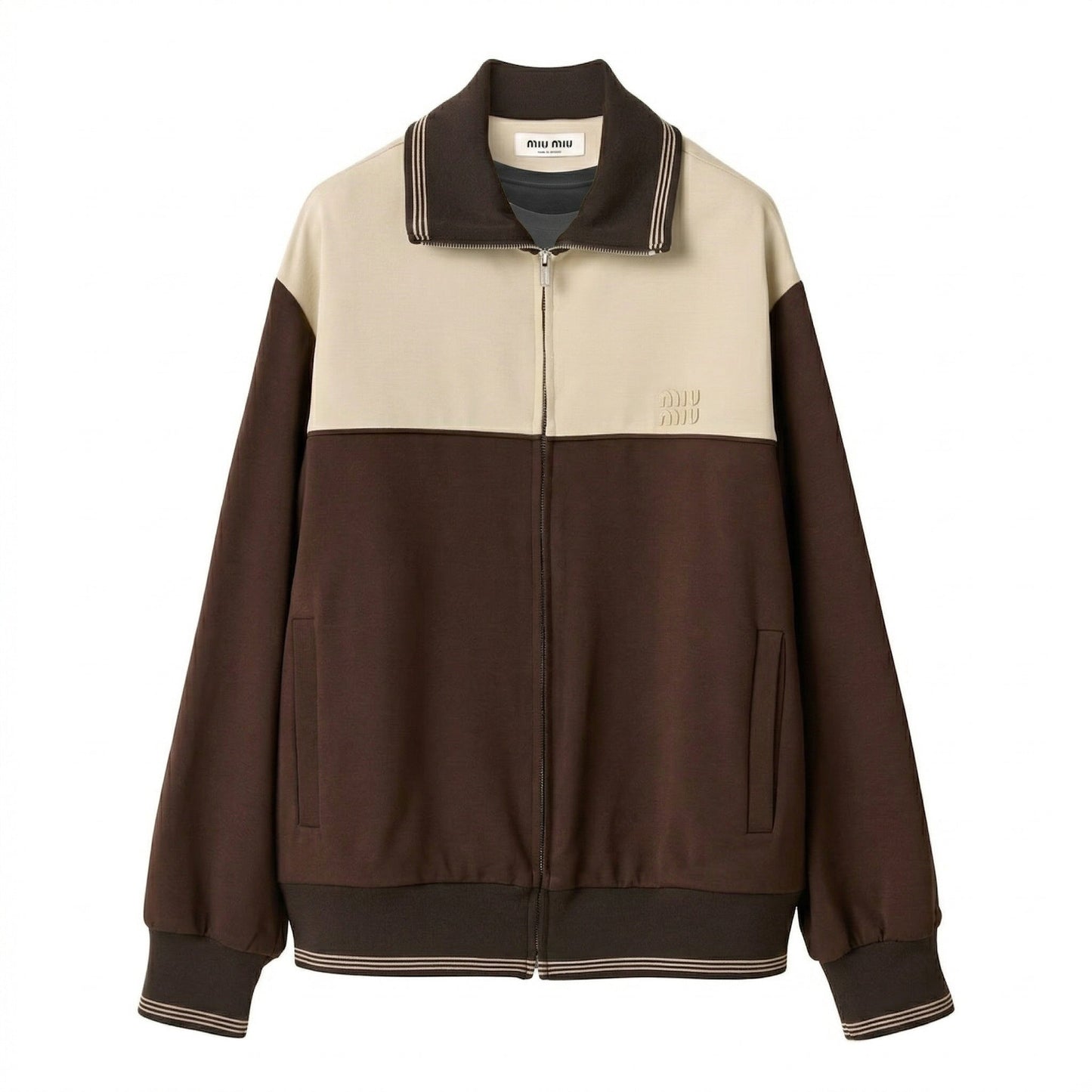 Miu Miu two-tone zip bomber jacket, front view — The Quiet Edition