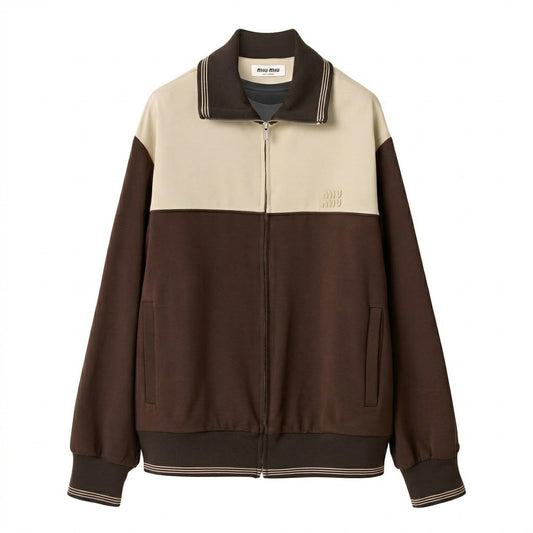 Miu Miu two-tone zip bomber jacket, front view — The Quiet Edition