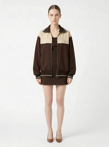 Miu Miu two-tone zip bomber jacket, model front — The Quiet Edition