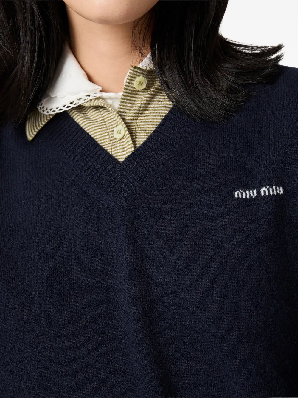 Miu Miu Wool and Cashmere Sweater in blue, close view of the striped collar, V-neck and chest logo