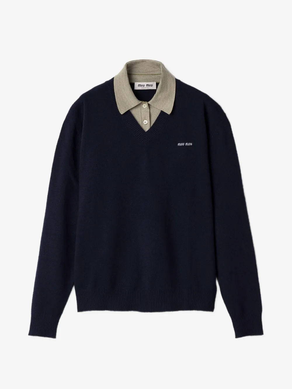 Miu Miu Wool and Cashmere Sweater in blue, front view with striped collar over a V-neck