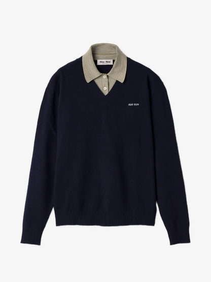 Miu Miu Wool and Cashmere Sweater in blue, front view with striped collar over a V-neck