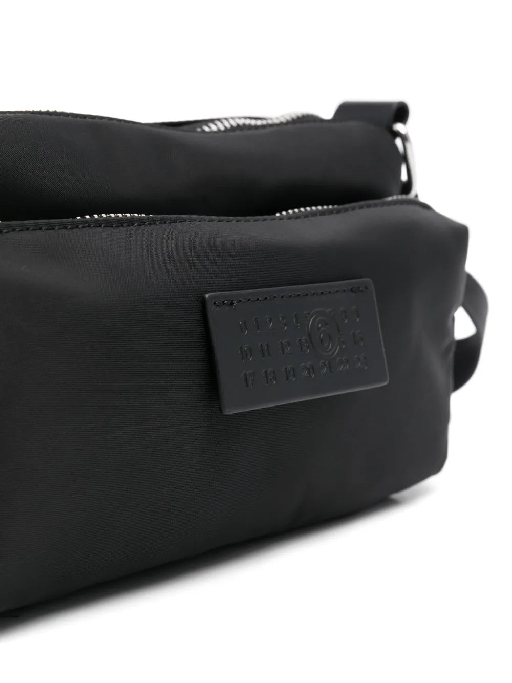 MM6 Maison Margiela Numbers-patch cross body bag in black, patch detail — The Quiet Edition