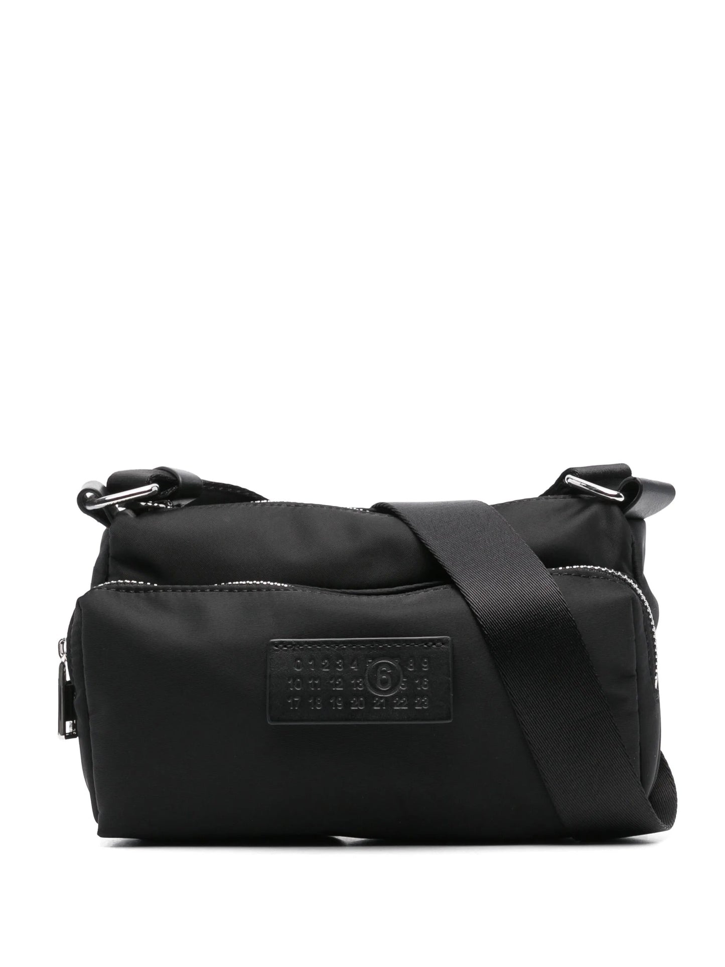 MM6 Maison Margiela Numbers-patch cross body bag in black, front view — The Quiet Edition