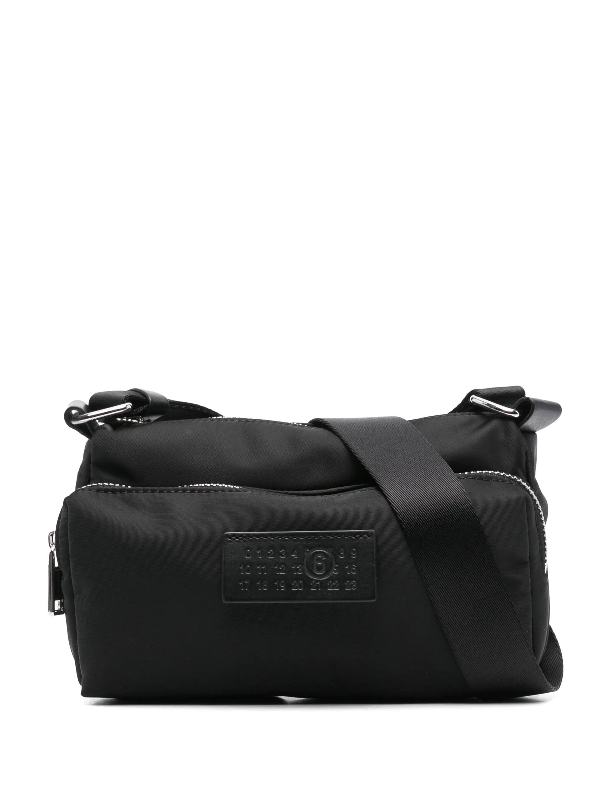 MM6 Maison Margiela Numbers-patch cross body bag in black, front view — The Quiet Edition