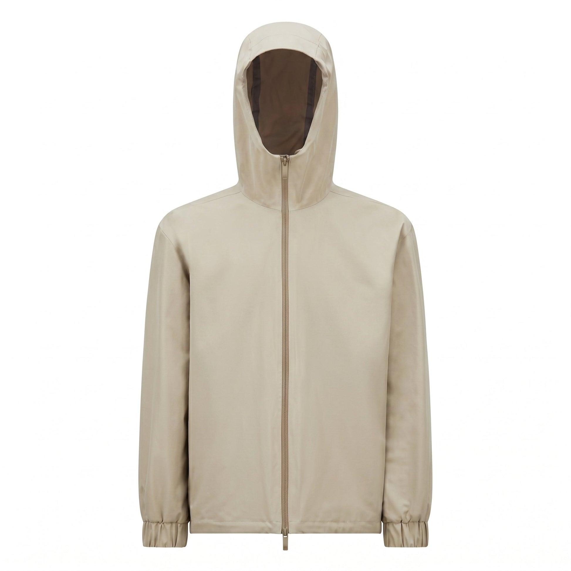 Moncler Bise hooded jacket in beige, front view — The Quiet Edition