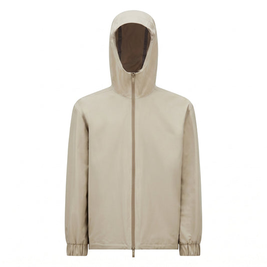 Moncler Bise hooded jacket in beige, front view — The Quiet Edition