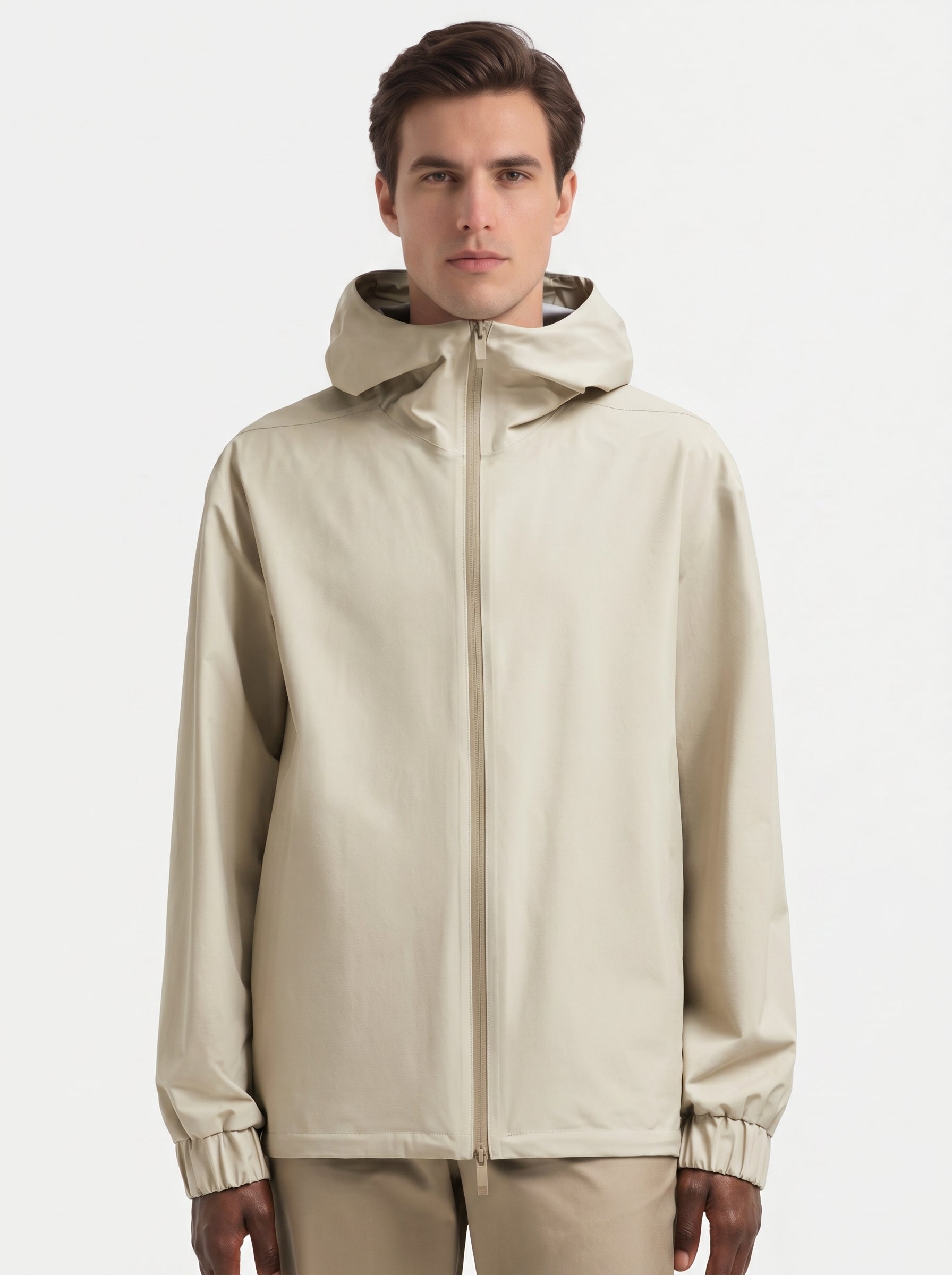 Moncler Bise hooded jacket in beige, model front — The Quiet Edition