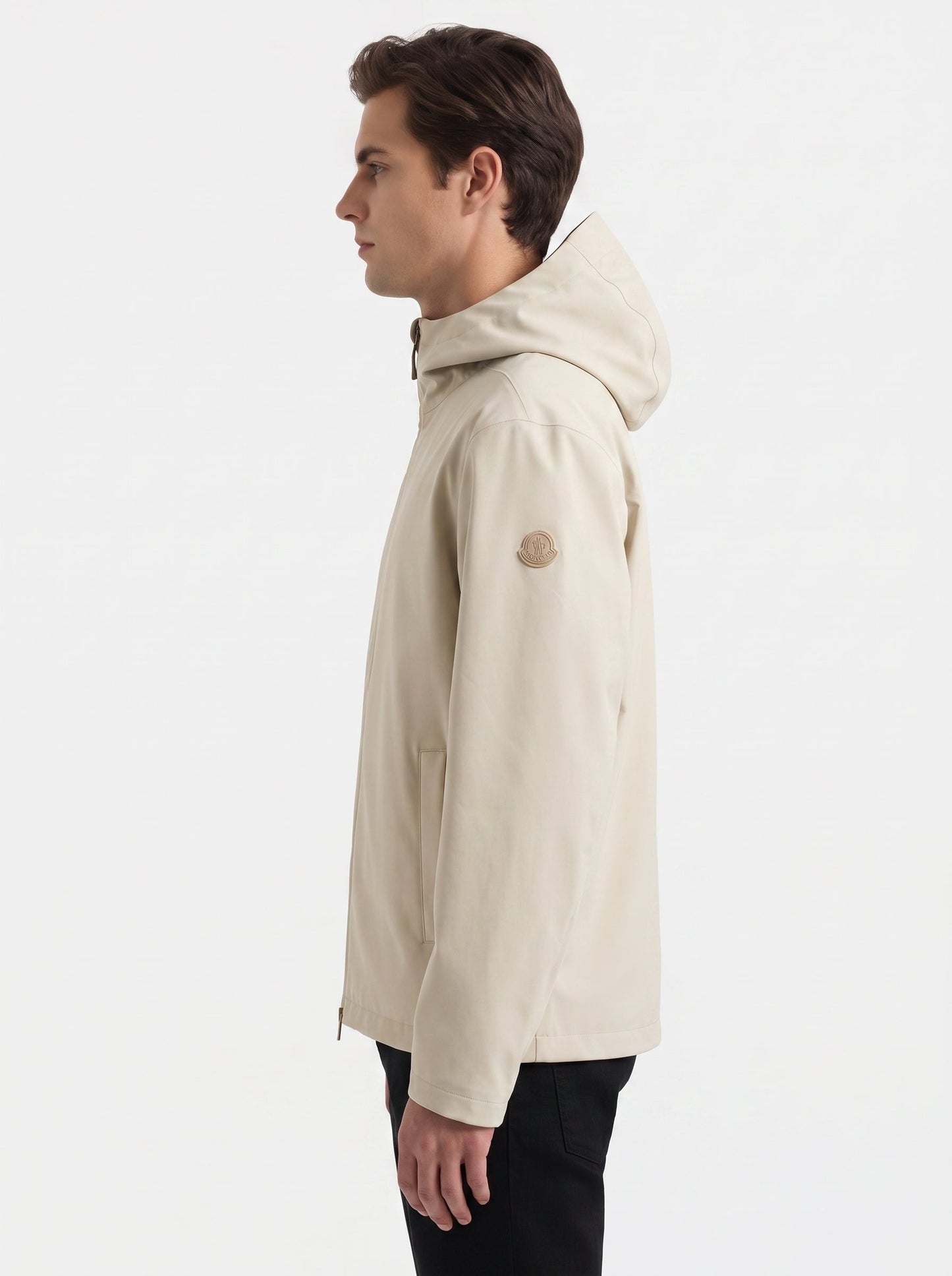 Moncler Bise hooded jacket in beige, model side — The Quiet Edition