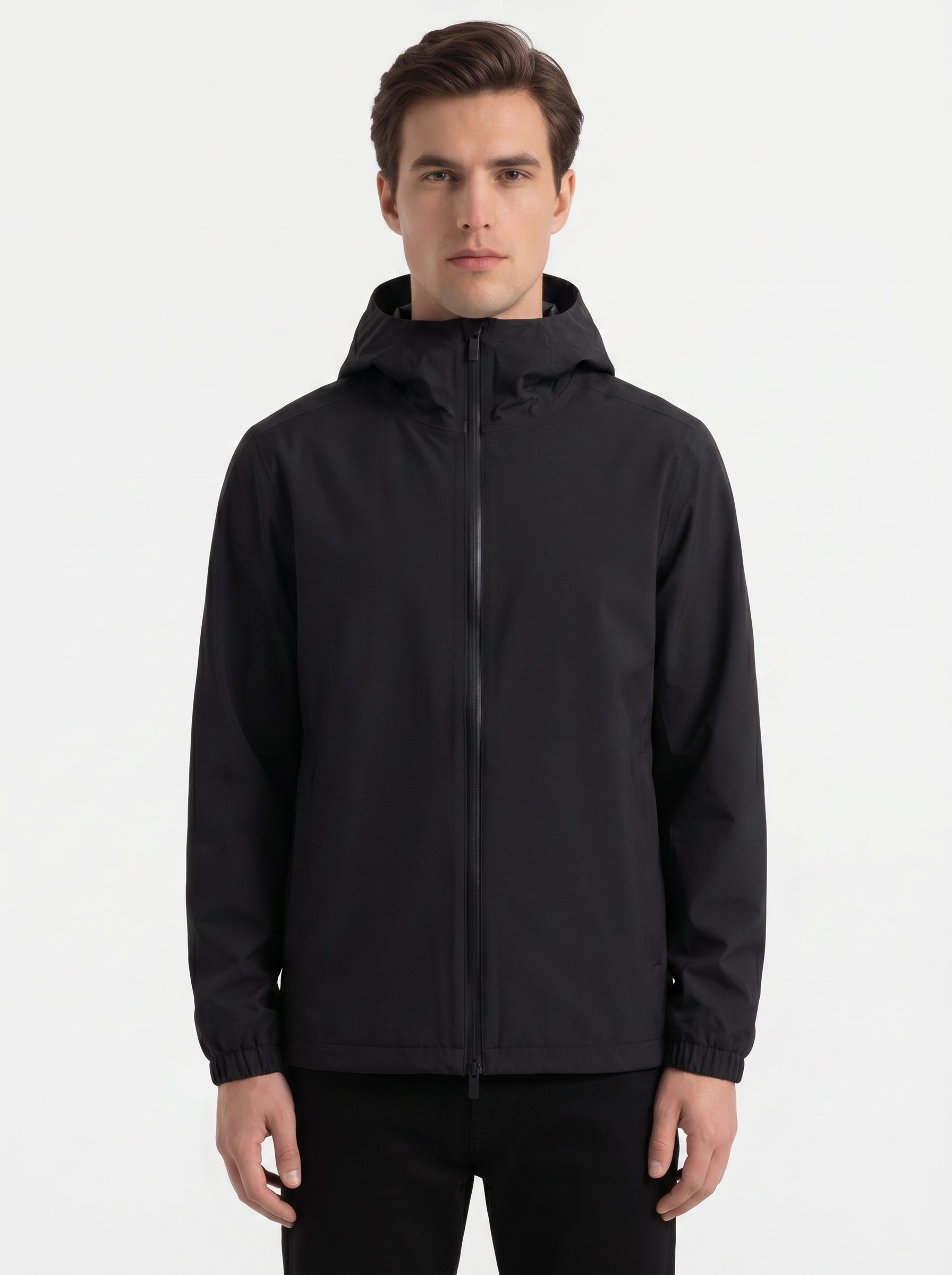 Moncler Bise hooded jacket in black, model front — The Quiet Edition