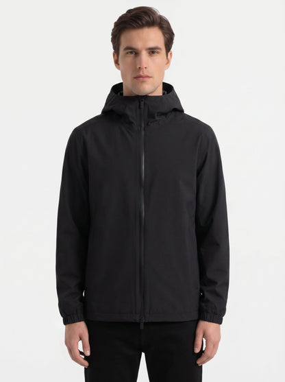 Moncler Bise hooded jacket in black, model front — The Quiet Edition