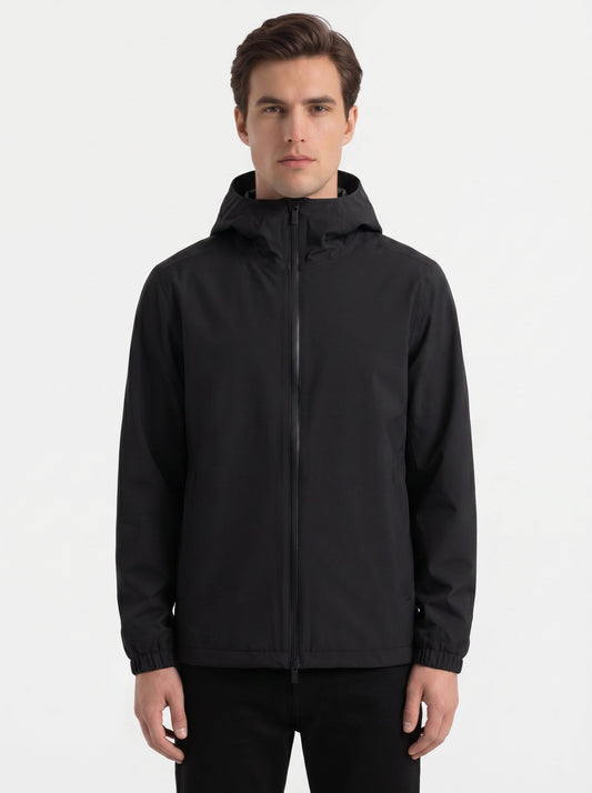 Moncler Bise hooded jacket in black, model front — The Quiet Edition