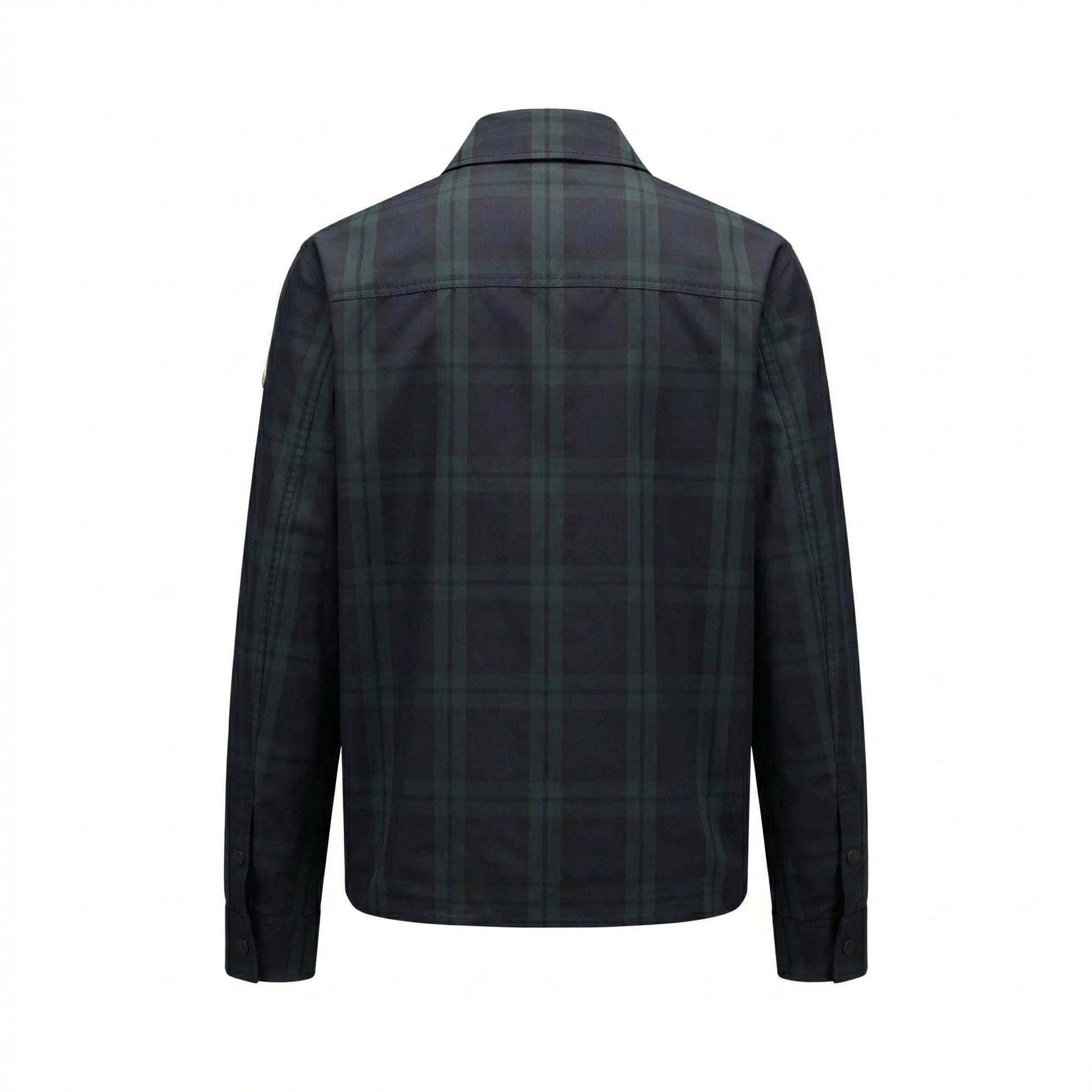 Moncler checked gabardine shirt jacket in black, back view — The Quiet Edition