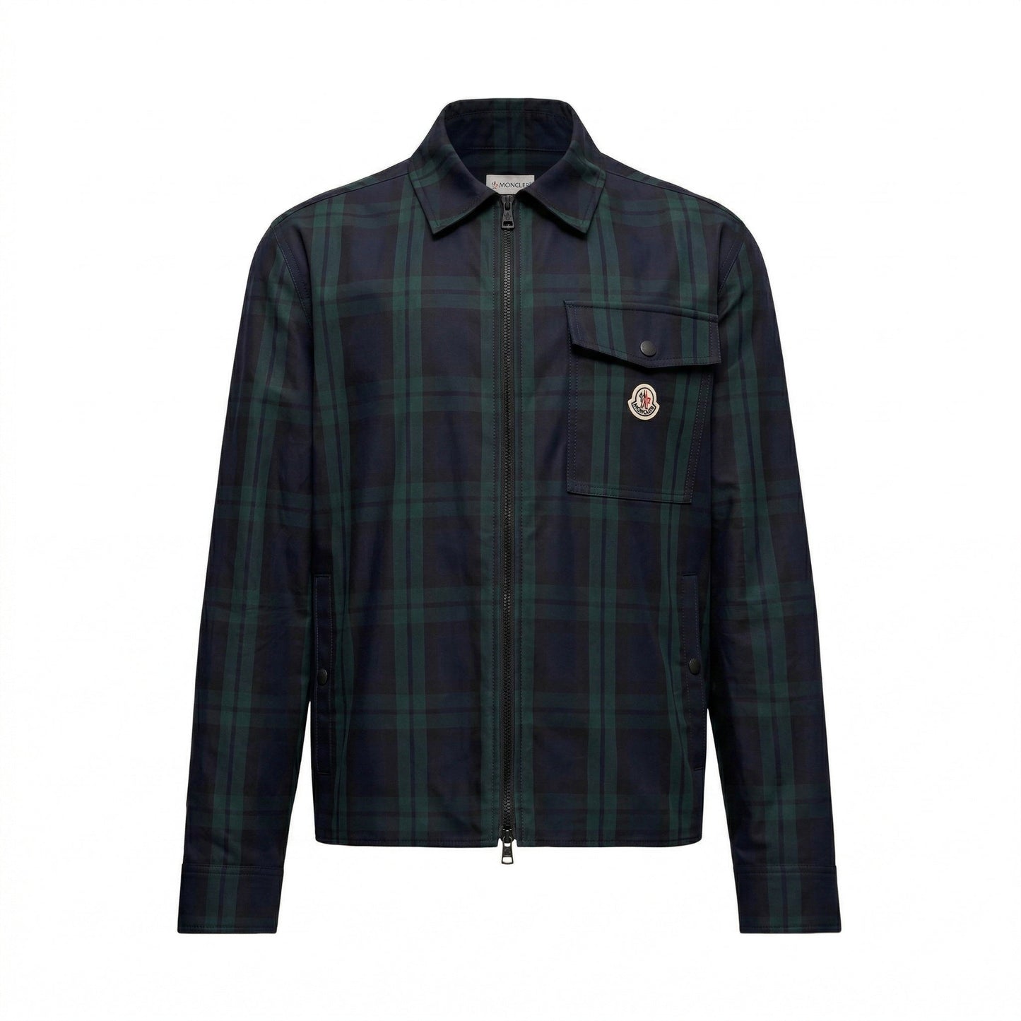Moncler checked gabardine shirt jacket in black, front view — The Quiet Edition
