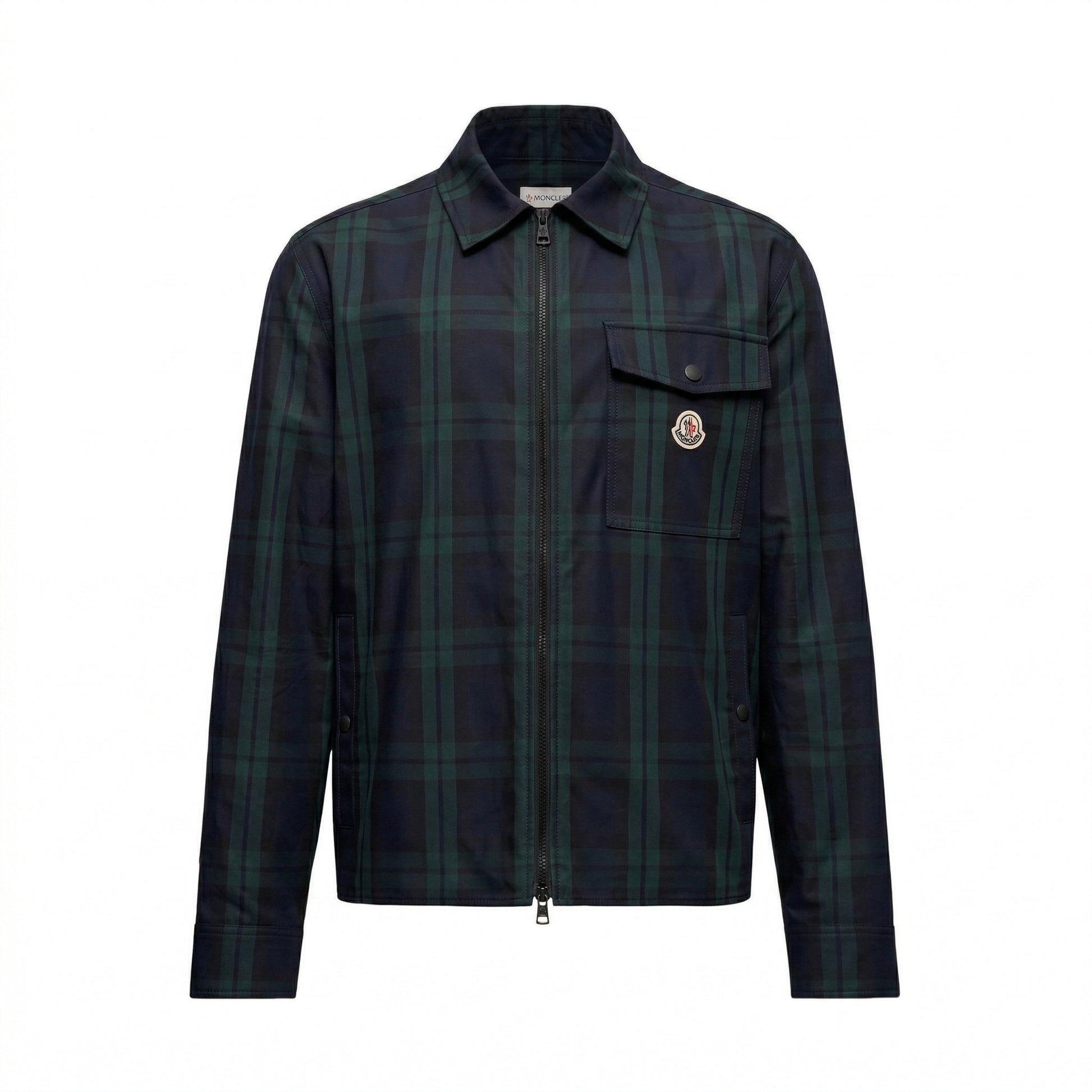 Moncler checked gabardine shirt jacket in black, front view — The Quiet Edition