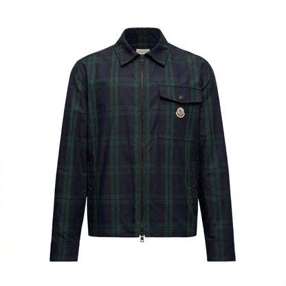 Moncler checked gabardine shirt jacket in black, front view — The Quiet Edition