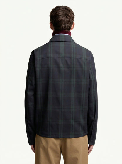 Moncler checked gabardine shirt jacket in black, model back — The Quiet Edition