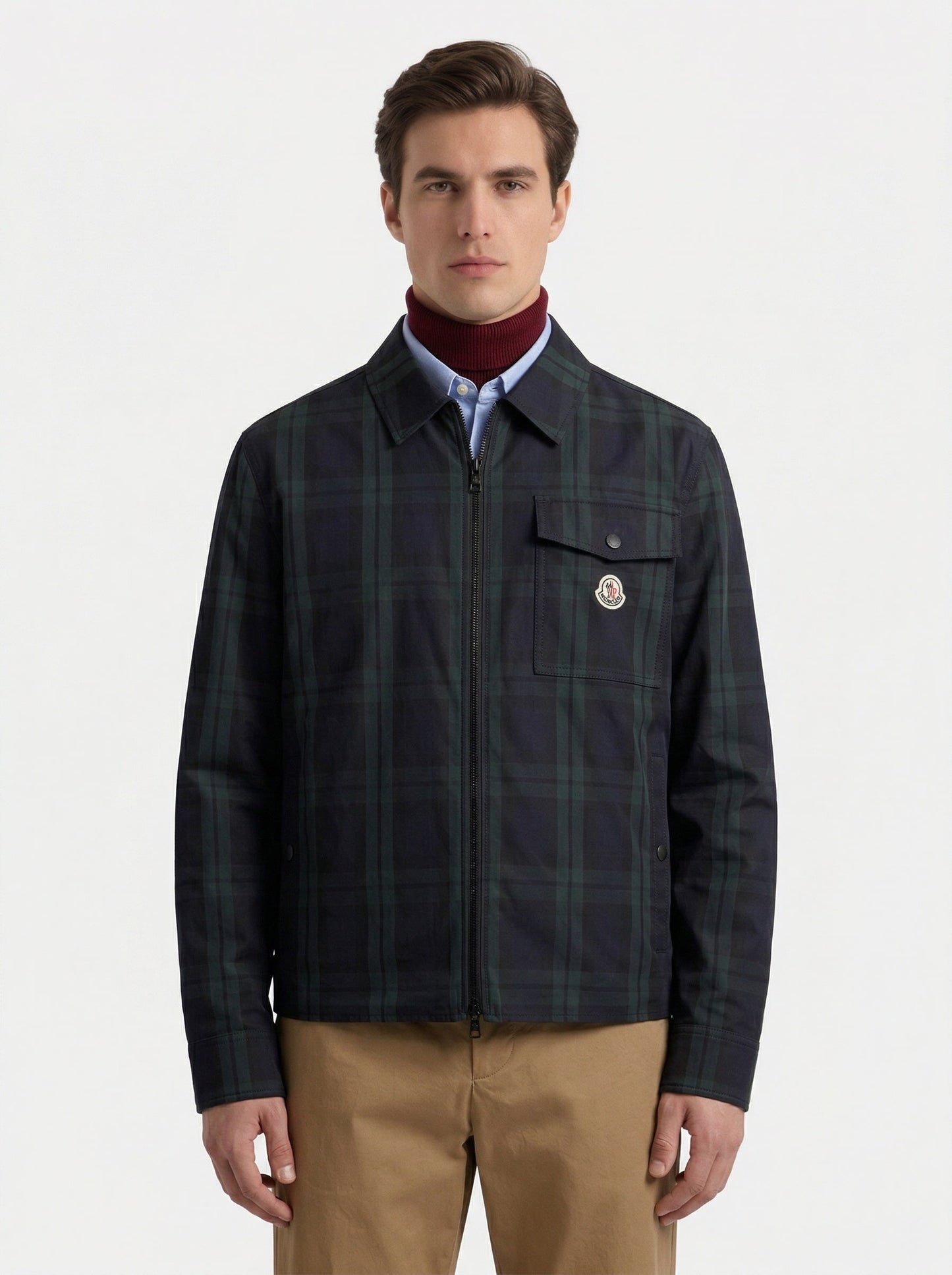 Moncler checked gabardine shirt jacket in black, model front — The Quiet Edition