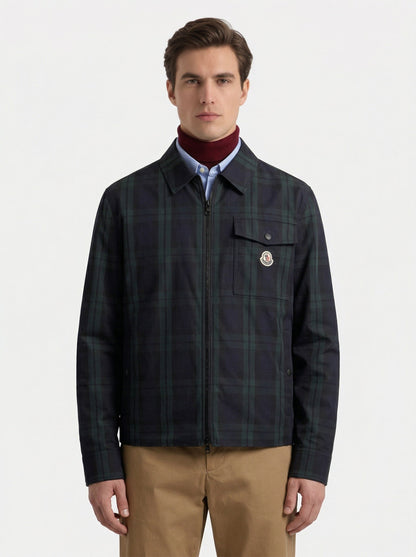 Moncler checked gabardine shirt jacket in black, model front — The Quiet Edition